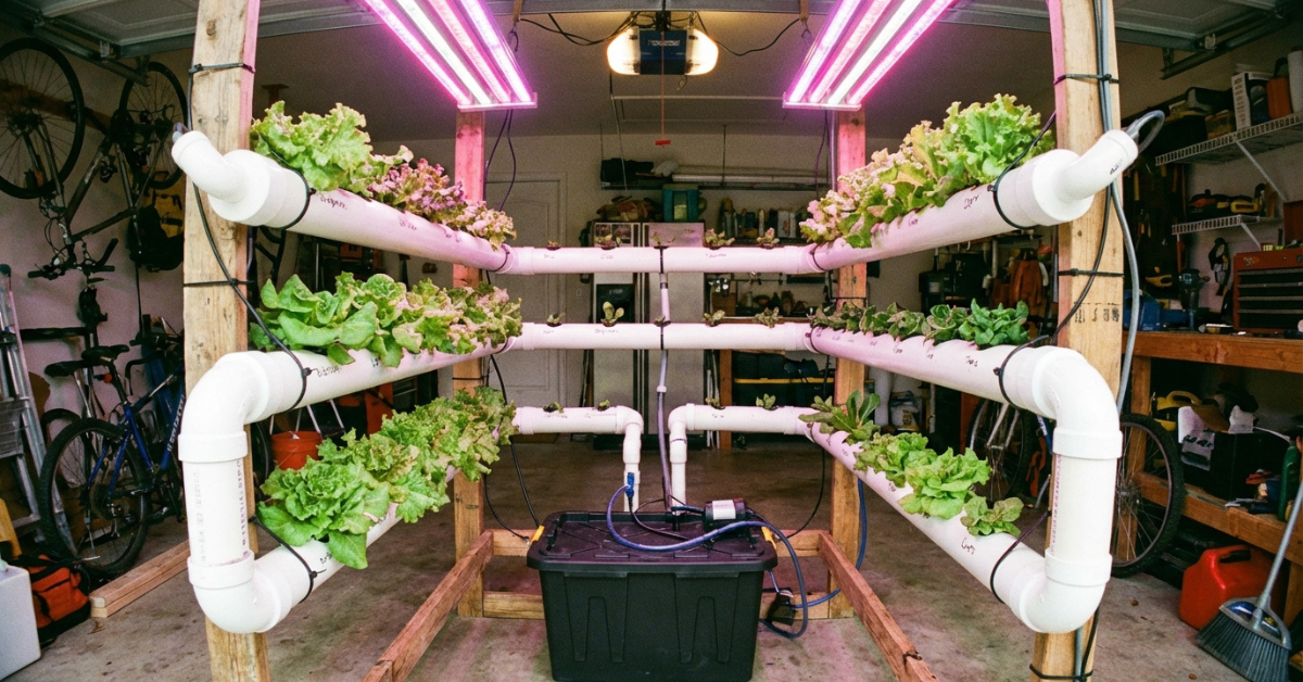 Sistema hidropónico NFT casero construido con tubos de PVC blancos cultivando lechugas sanas en interior.