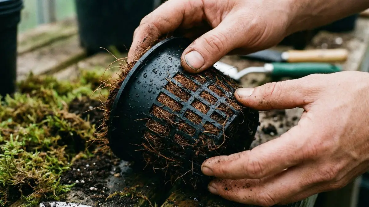 Manos llenando una maceta de red con sustrato de fibra de coco húmedo hidroponía