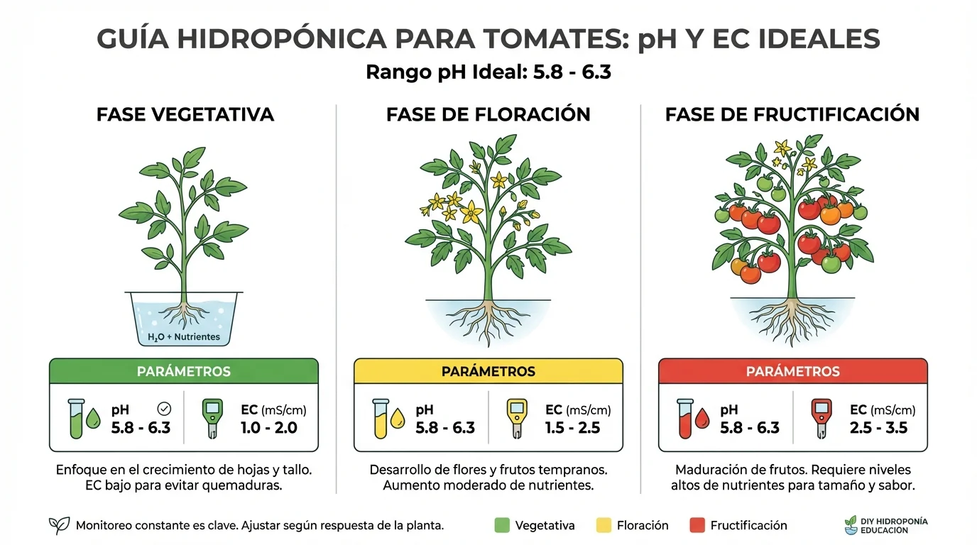 Manos de agricultor ajustando pH de solución nutritiva hidropónica con ácido fosfórico y medidor digital en sistema de tomates