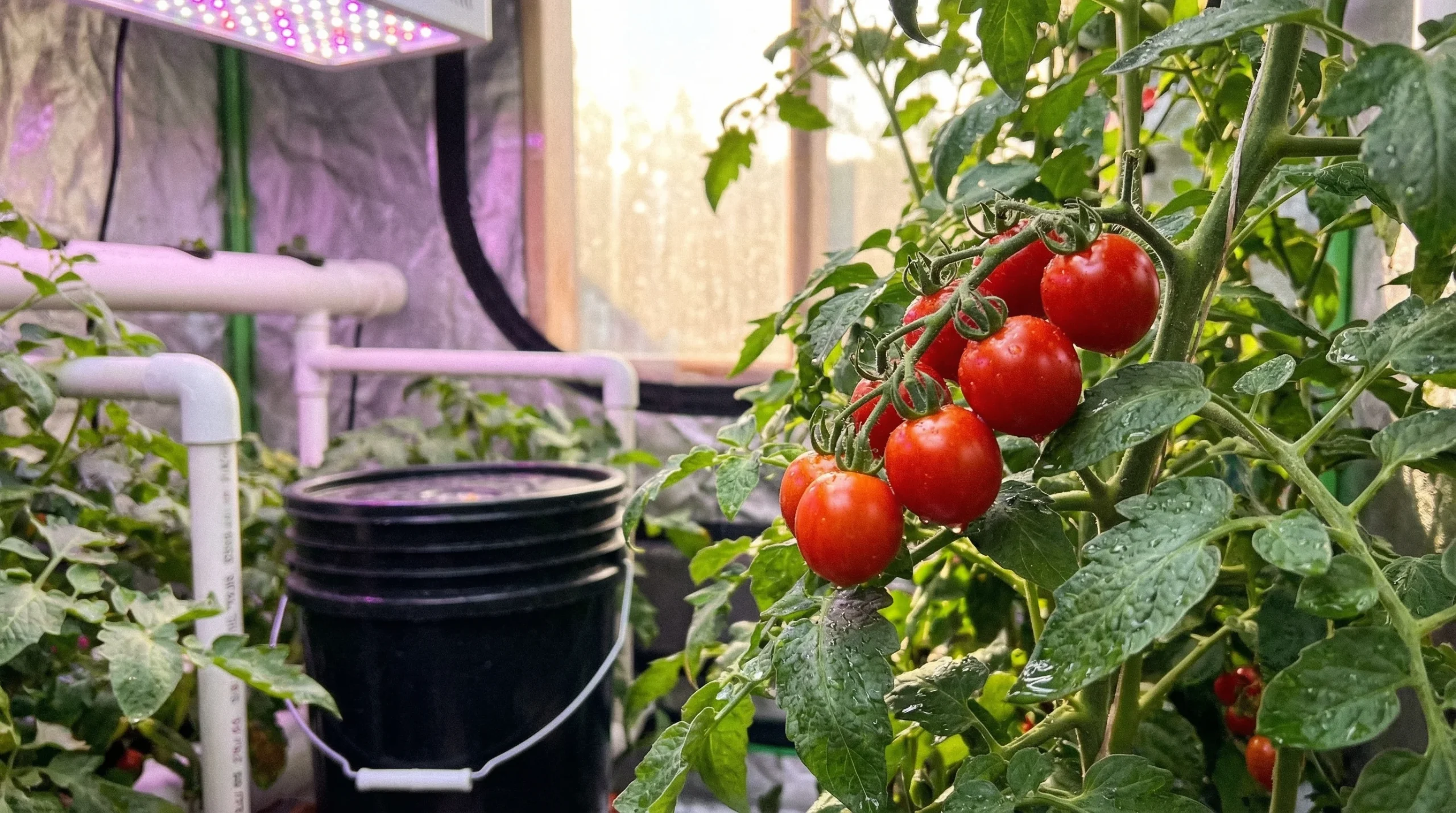 Racimo de tomates cherry rojos y sanos cultivados en un sistema hidropónico de interior con los niveles de pH y EC correctos.