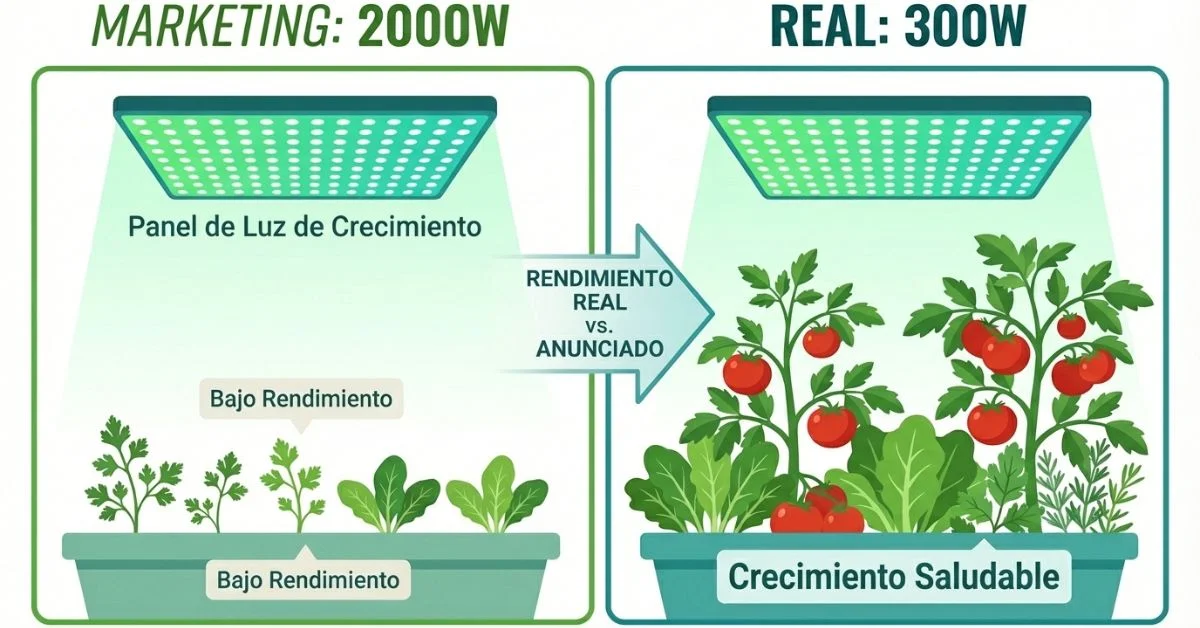 Comparativa vatios de marketing 2000W vs vatios reales 300W en las mejores luces LED para cultivo indoor de hortalizas