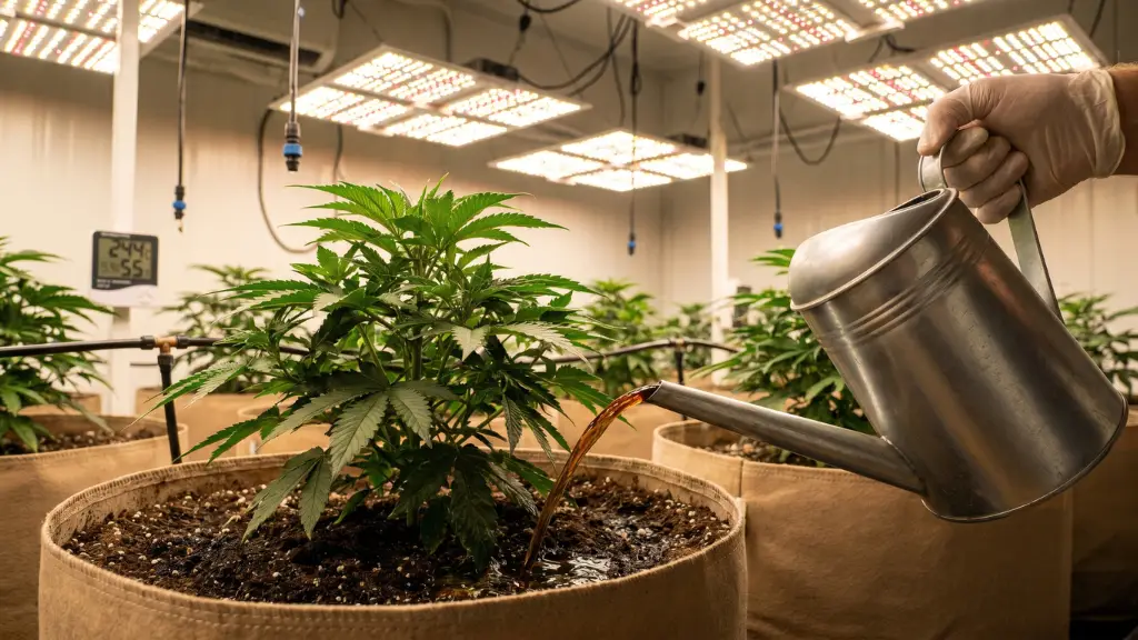 Mano de cultivador aplicando biofertilizante líquido mediante riego al sustrato