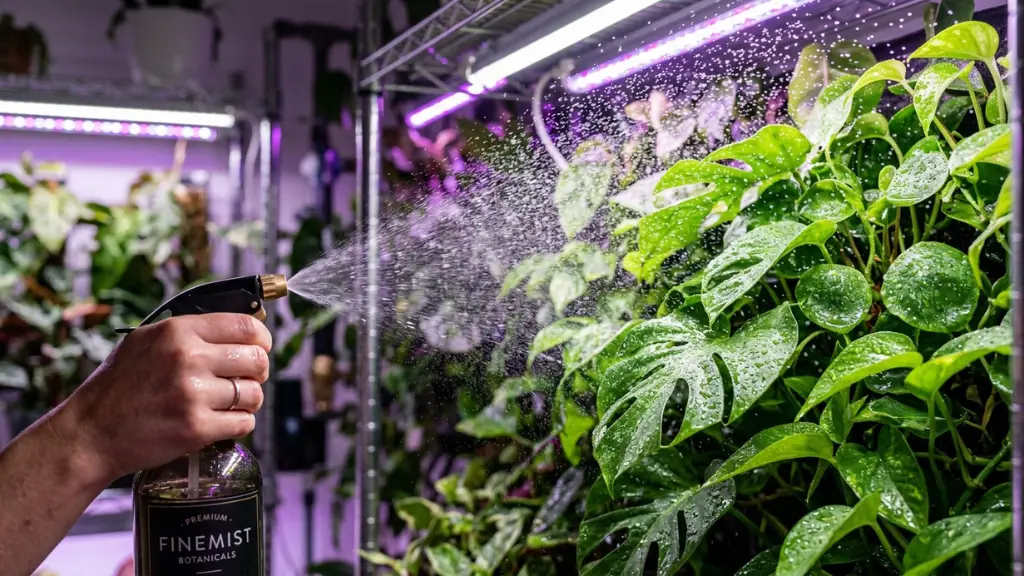 Aplicación foliar de suplemento CalMag en spray sobre plantas de cultivo indoor
