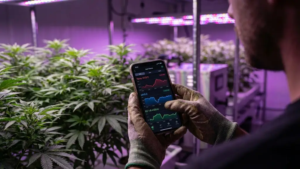Cultivador revisando los gráficos de temperatura y pH en tiempo real desde una aplicación de smartphone conectada a sus sensores IoT
