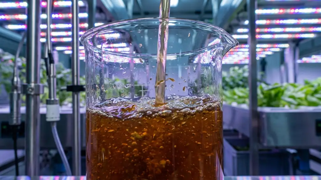 Primer plano de biofertilizante líquido comercial basado en consorcios microbianos