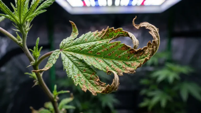Hoja de planta de cultivo indoor mostrando deficiencia de calcio con manchas marrones de óxido y bordes arrugados.