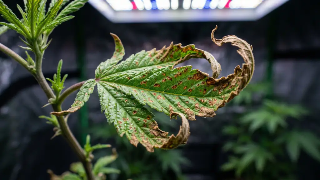 Hoja de planta de cultivo indoor mostrando deficiencia de calcio con manchas marrones de óxido y bordes arrugados.