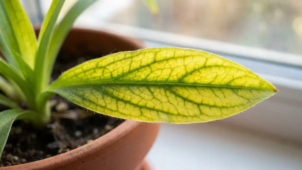 Hoja joven con clorosis férrica mostrando el característico tejido amarillo con los nervios verdes.