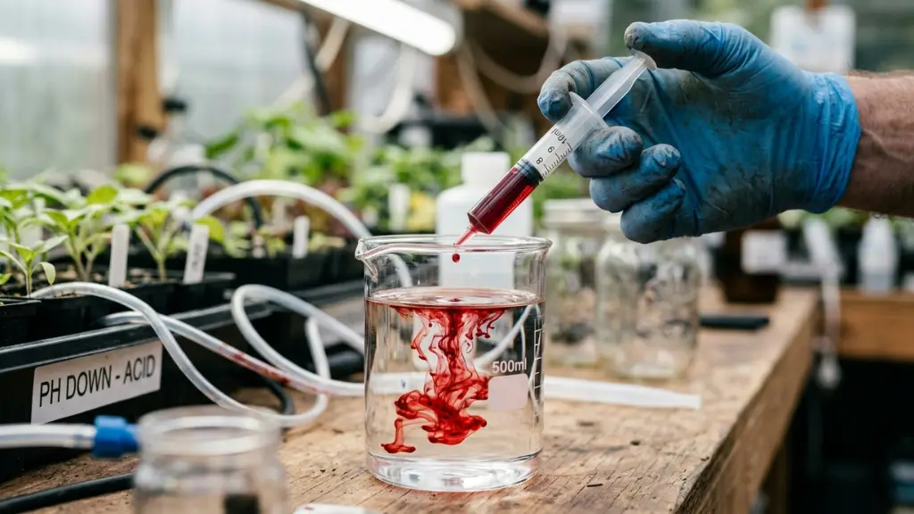 Cultivador usando una jeringa de precisión para añadir ácido y bajar el pH en hidroponía paso a paso