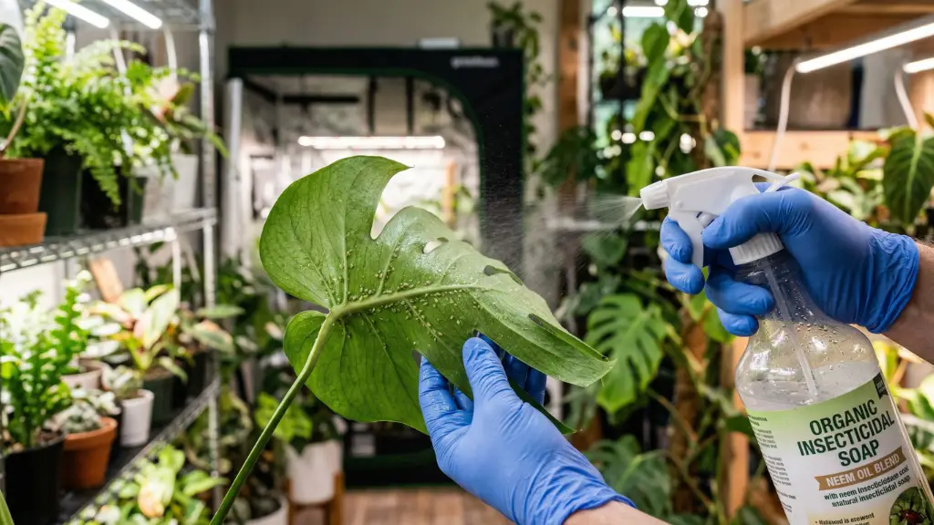 Cultivador aplicando insecticida natural para eliminar pulgones en plantas indoor
