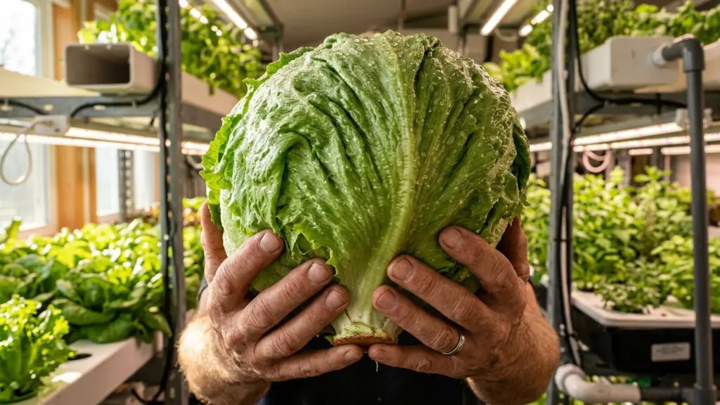 Cosecha final de lechuga hidropónica fresca lista para consumo, hojas verdes brillantes