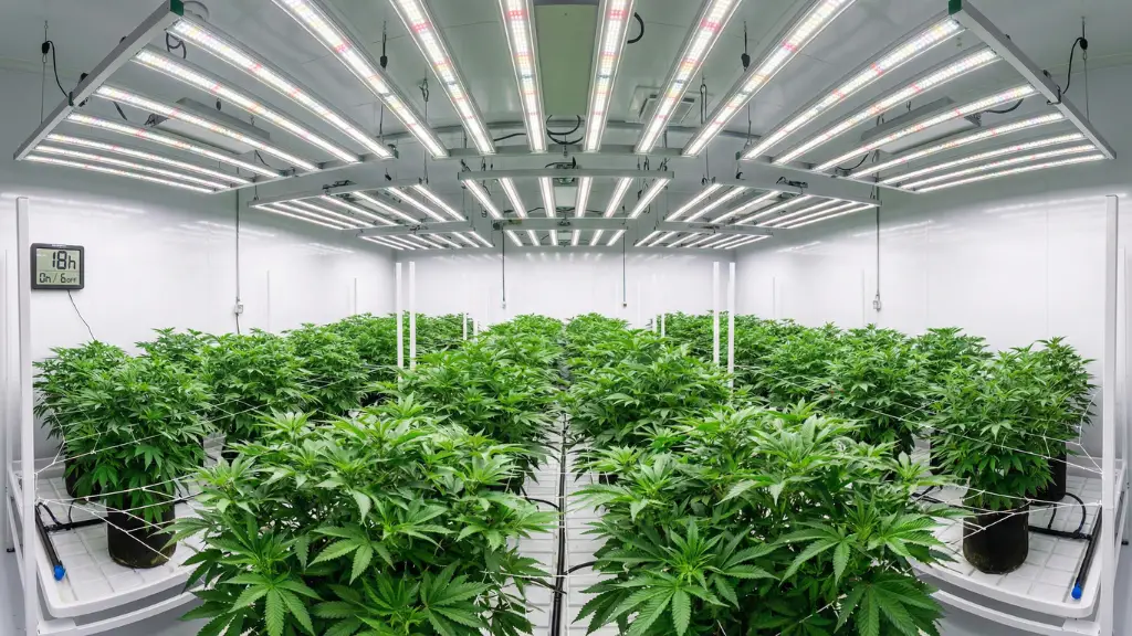 Plantas de interior en fase de crecimiento vegetativo vigoroso bajo un fotoperiodo largo de 18 horas de luz
