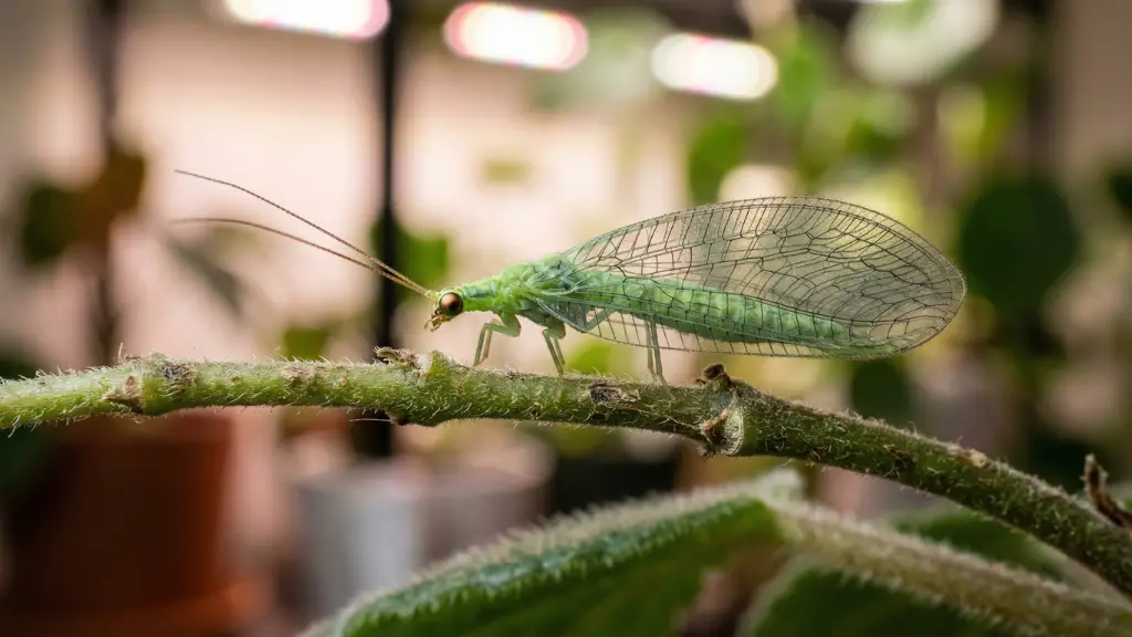 Crisopa verde (Chrysoperla carnea) insecto beneficioso para control biológico de plagas en cultivo indoor
