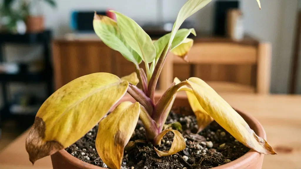Planta de interior mostrando hojas inferiores amarillas y marchitas, el síntoma clásico de la deficiencia de nitrógeno.