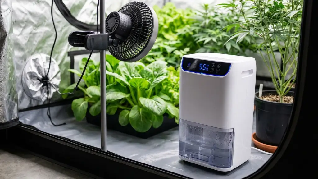 Deshumidificador moderno trabajando dentro de un armario de cultivo para bajar la humedad relativa