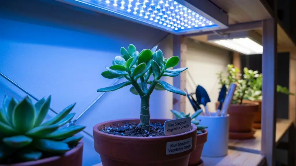 Planta joven creciendo compacta y robusta bajo el espectro de luz azul en fase vegetativa.