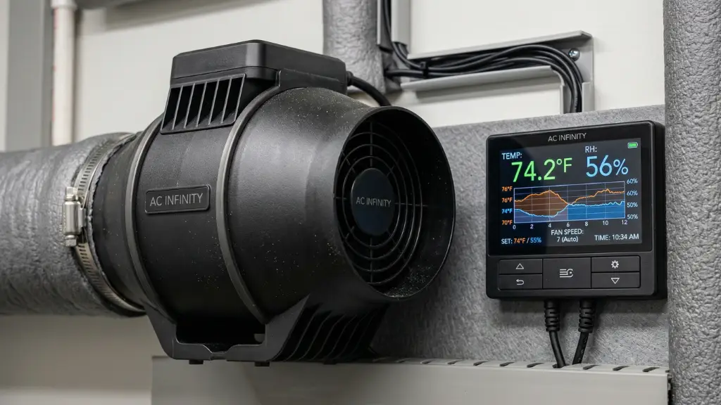 Extractor inteligente silencioso con controlador de clima montado en armario de cultivo indoor