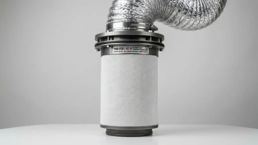 Filtro de carbón activo anti-olor con extractor en armario de cultivo indoor