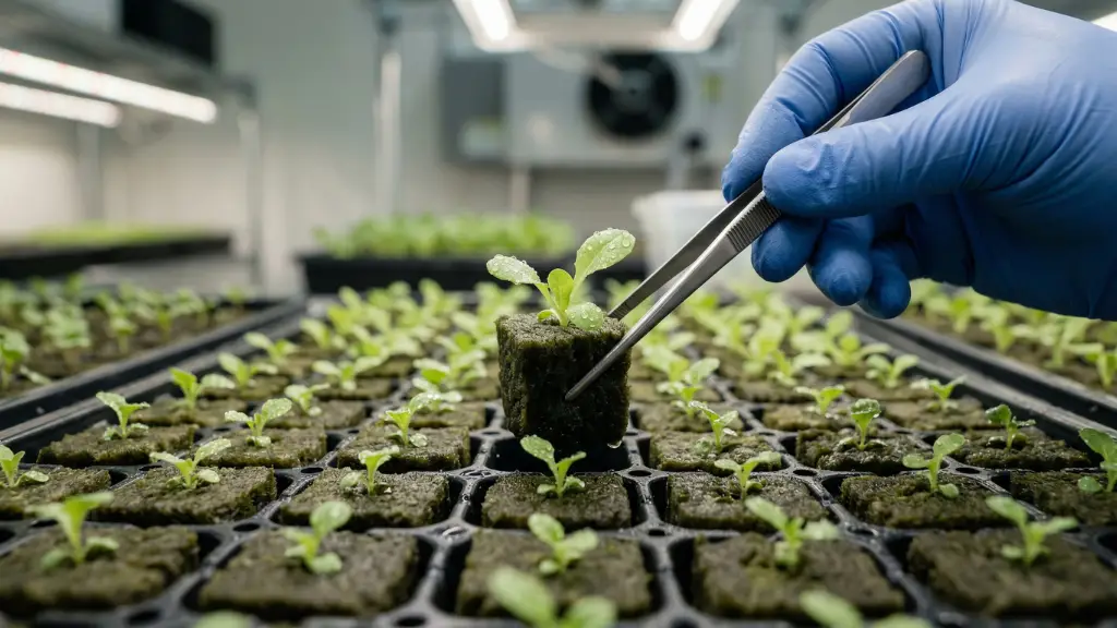 Primer plano de plántulas de lechuga recién germinadas en un taco de lana de roca húmedo para sistema hidropónico.