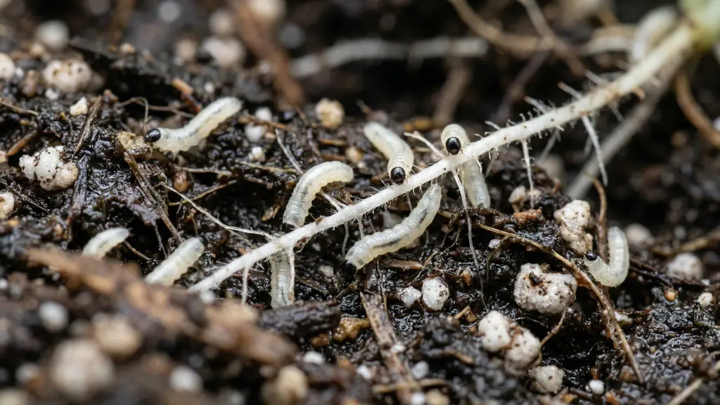 Larvas de mosca del sustrato (fungus gnats) alimentándose de raíces en casa