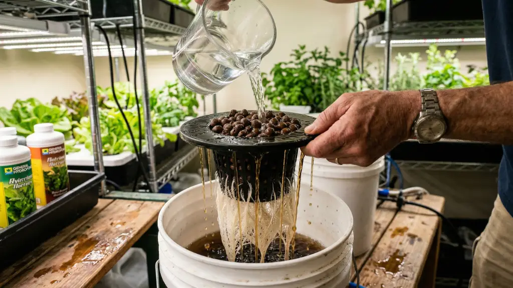 Cultivador realizando un lavado de raíces o flushing con agua pura para solucionar el bloqueo de nutrientes en hidroponía