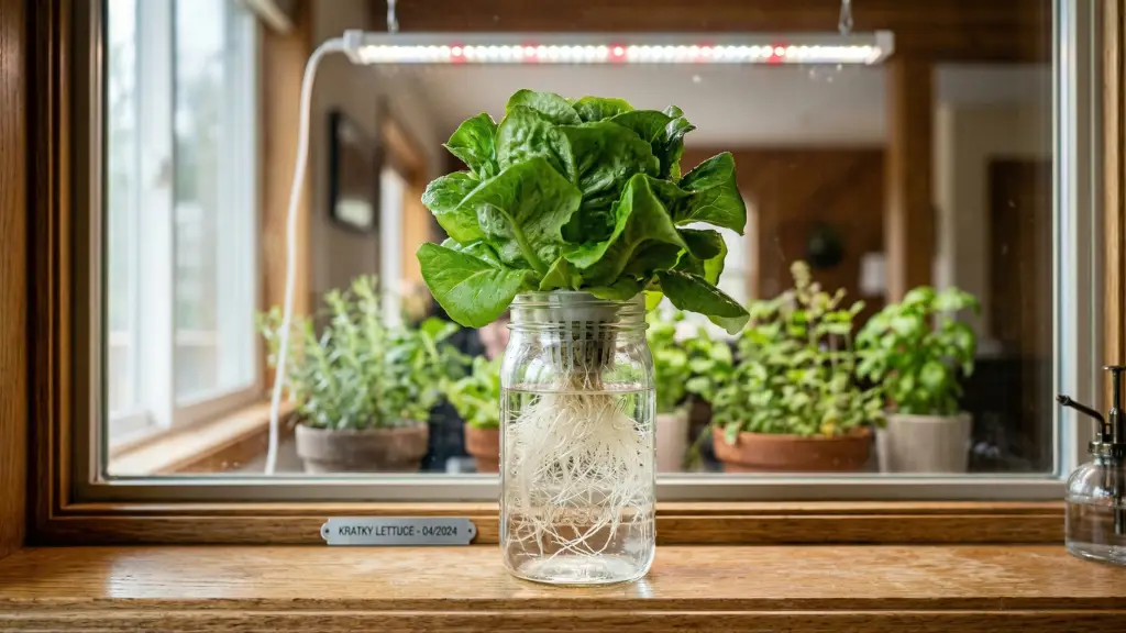 Lechuga hidropónica en método Kratky casero con raíces blancas en solución nutritiva