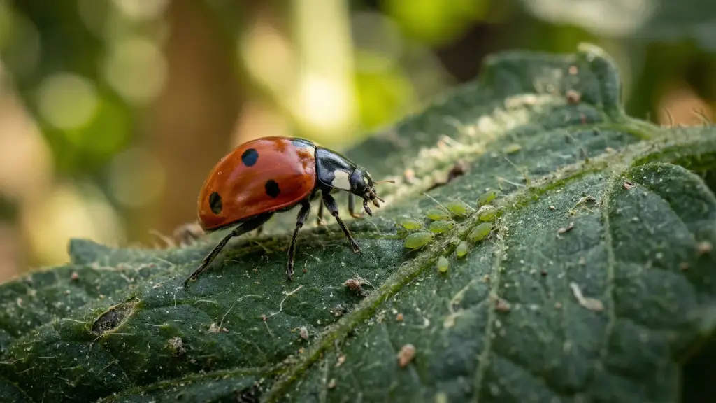 Mariquita cazando pulgones en una hoja, un ejemplo clásico de control biológico en cultivo indoor.