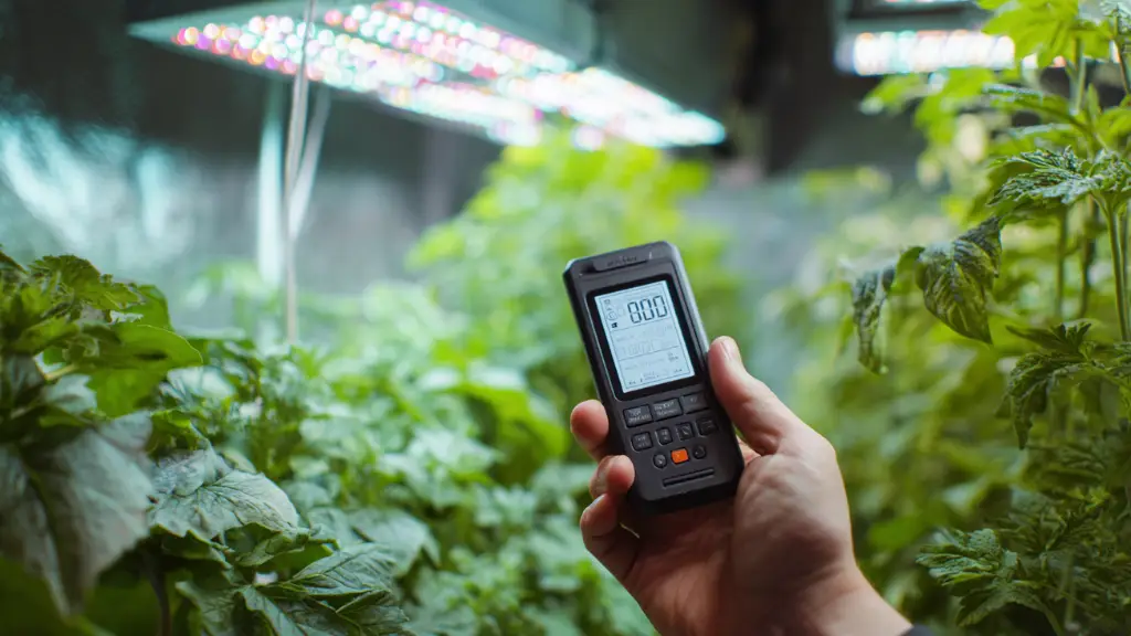 Cultivador usando un medidor PAR para medir los fotones (PPFD) en la punta de las plantas bajo luces LED.