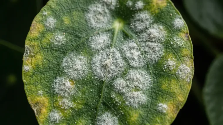 Cultivador aplicando un tratamiento foliar fungicida con pulverizador para eliminar el oídio de las hojas.
