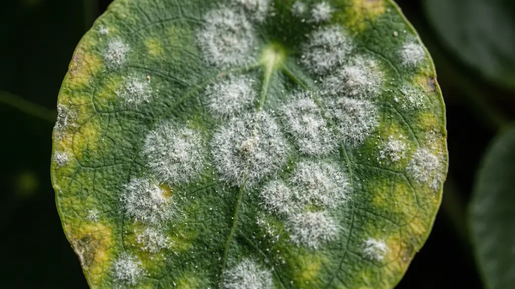 Cultivador aplicando un tratamiento foliar fungicida con pulverizador para eliminar el oídio de las hojas.