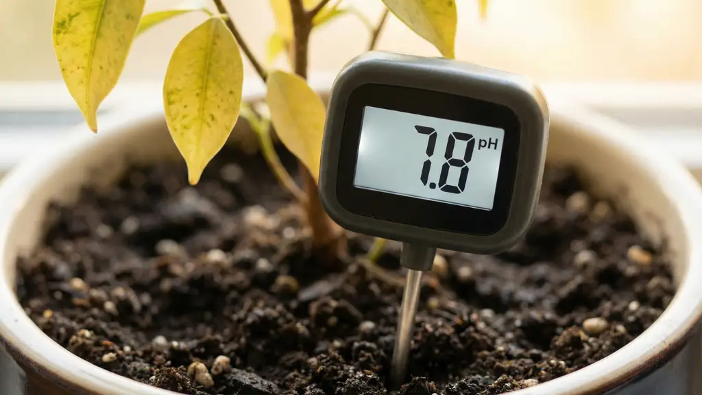 Medidor digital marcando un pH alcalino demasiado alto en el sustrato, la causa principal de la carencia de hierro