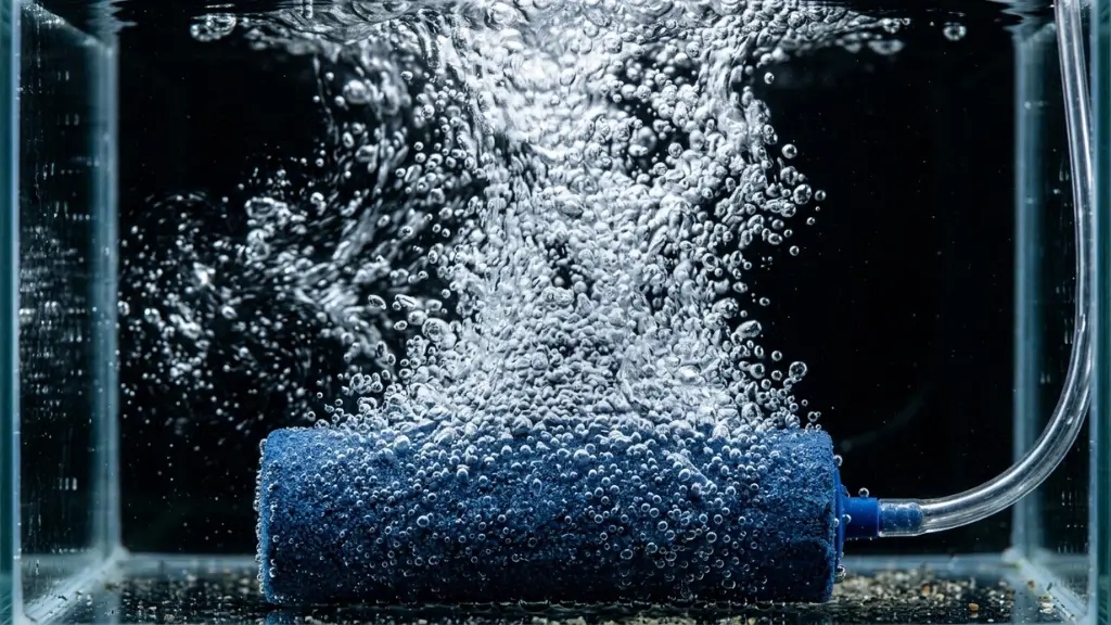 Piedra difusora aportando oxígeno disuelto en solución nutritiva para prevenir Pythium en hidroponía DWC