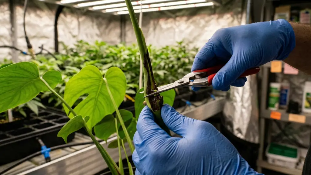 Poda de saneamiento con tijeras esterilizadas para eliminar tejido infectado por Botrytis