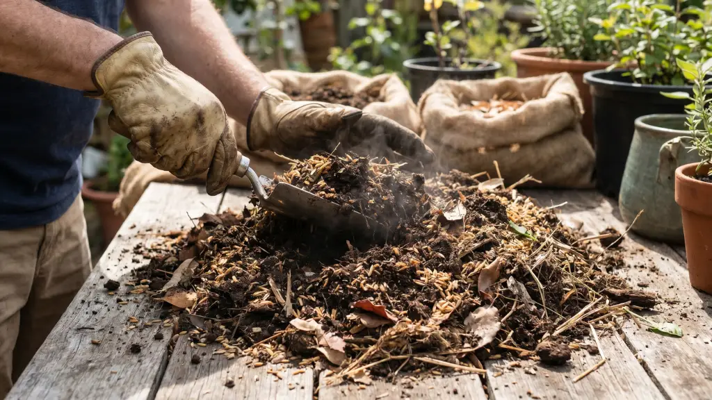 Cultivador mezclando un montón de fertilizante orgánico Bocashi casero