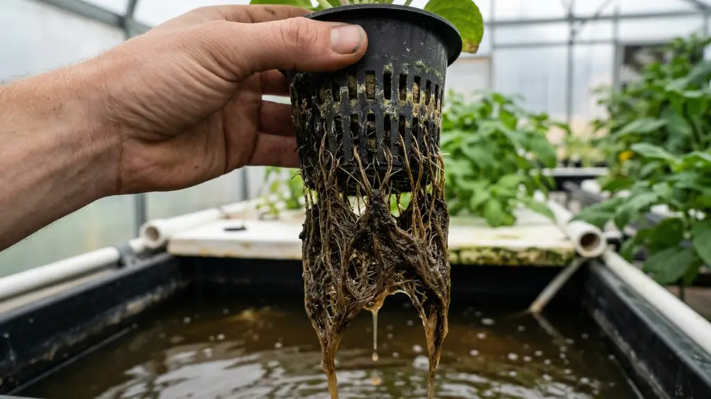 Raíces hidropónicas de color marrón y textura viscosa afectadas por la enfermedad del Pythium.
