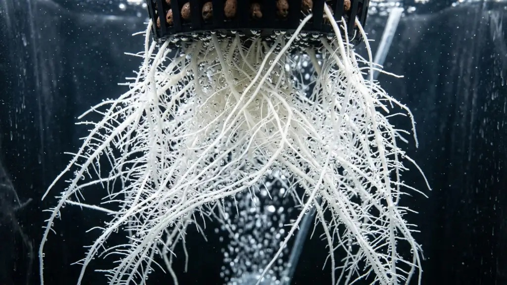 Raíces blancas sanas con oxígeno disuelto óptimo en sistema hidropónico DWC, sin Pythium