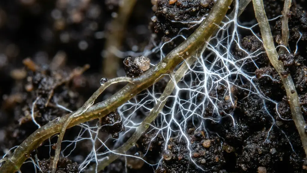 Visualización microscópica de una red de hifas de hongos micorrizas extendiendo el sistema radicular