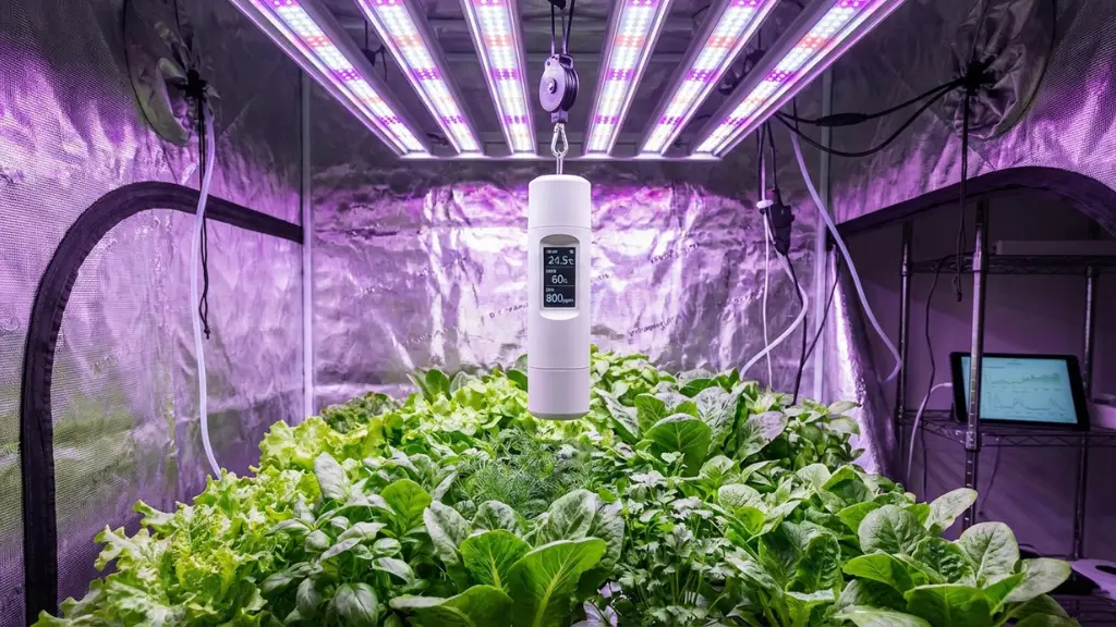 Sensor ambiental inteligente IoT colgando sobre las plantas para medir temperatura y humedad en tiempo real
