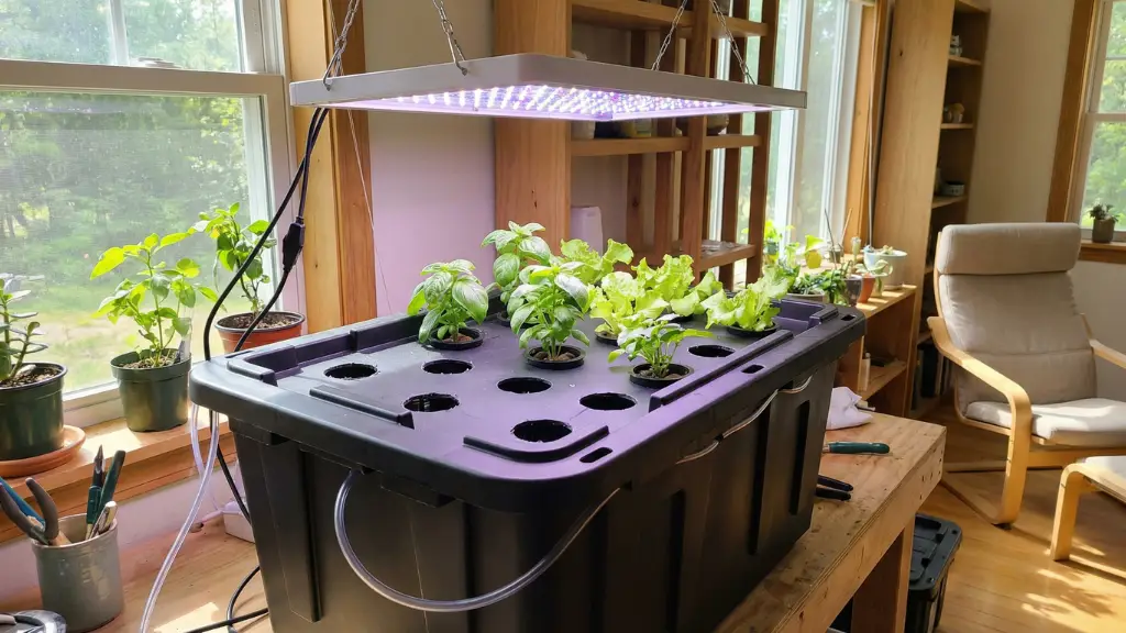 Sistema de aeroponía casero construido con un contenedor de plástico opaco y macetas de rejilla bajo luces LED
