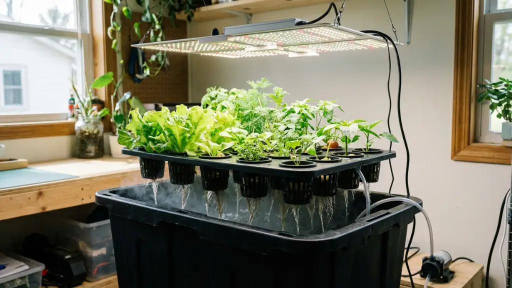 Sistema de aeroponía casero construido con un contenedor de plástico opaco y macetas de rejilla bajo luces LED