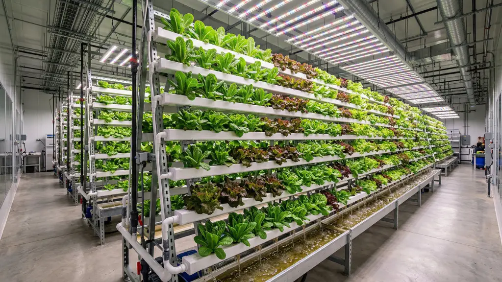 Sistema NFT hidropónico vertical con lechugas creciendo en canales PVC