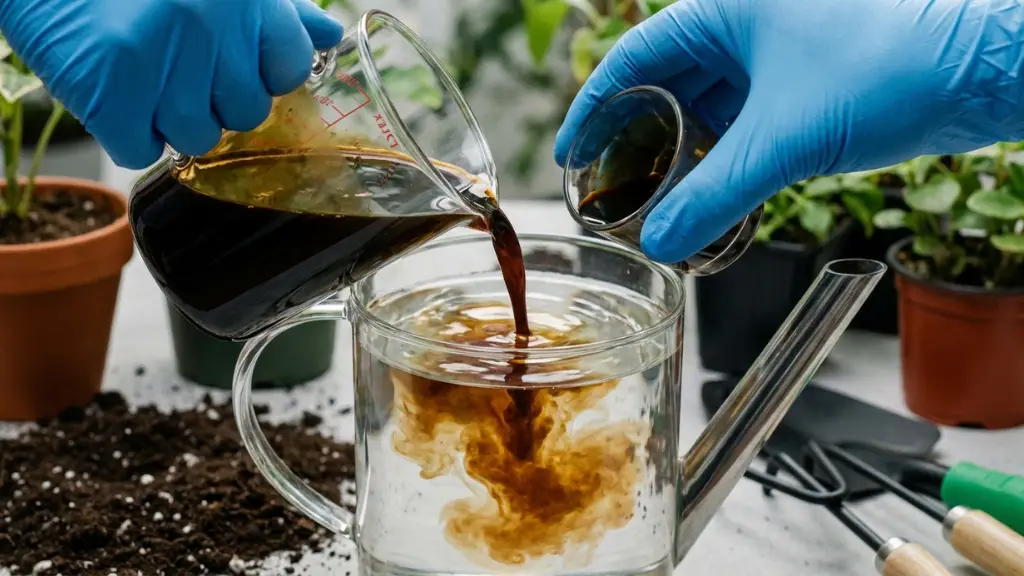 Cultivador añadiendo fertilizante líquido rico en nitrógeno al agua de riego para solucionar rápidamente la deficiencia