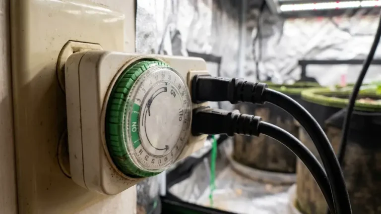 Temporizador analógico controlando el ciclo exacto de horas de luz y oscuridad en un cultivo indoor