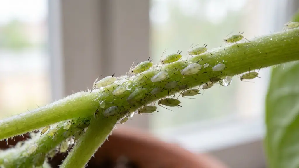 años que causan los pulgones en hojas de plantas de interior y melaza brillante