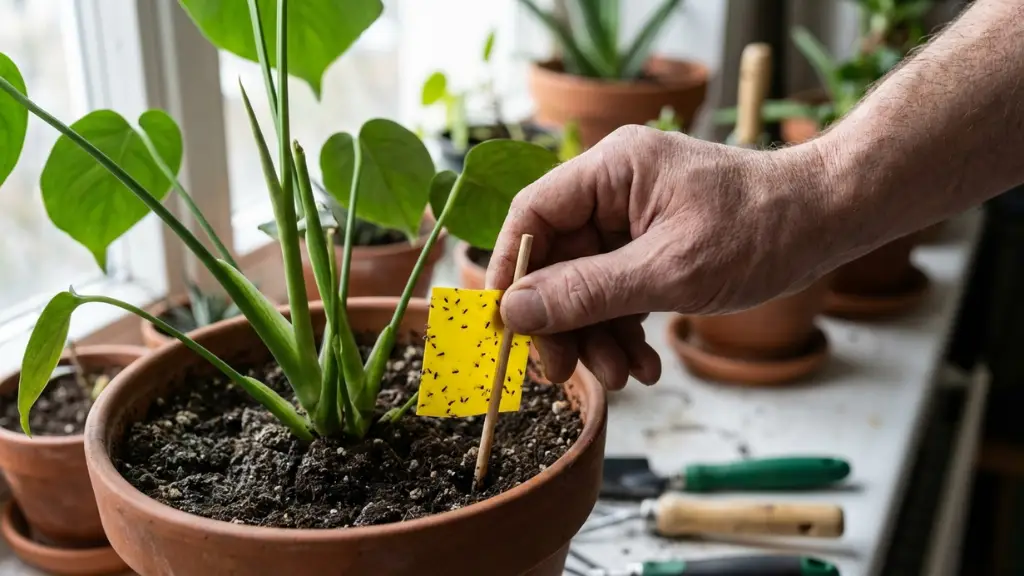 Trampa adhesiva amarilla capturando mosquitas negras de la humedad adultas en maceta