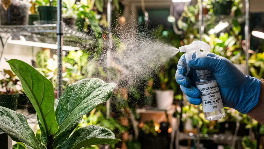 Tratamiento foliar contra oídio con bicarbonato potásico — pulverización en armario de cultivo indoor