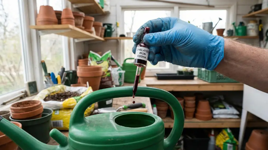 Cultivador preparando una solución de hierro quelatado líquido para corregir rápidamente la clorosis férrica