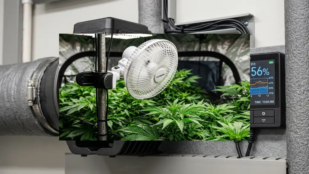 Ventilador de pinza oscilante instalado en barra vertical de armario de cultivo indoor