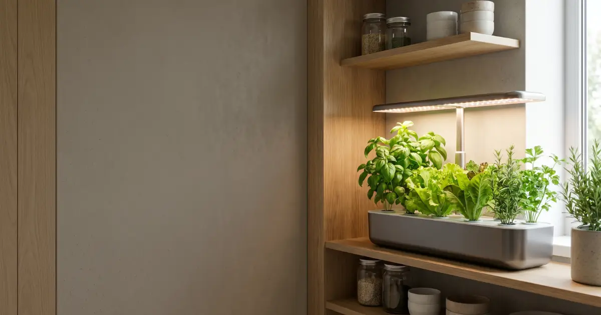 Sistema doméstico de hidroponía con plantas cultivadas bajo iluminación LED