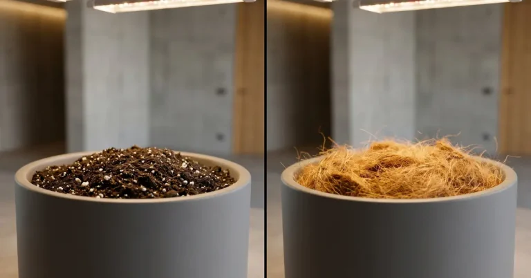 Comparativa visual en macetas modernas entre sustrato de tierra oscura y fibra de coco dorada para cultivo indoor.